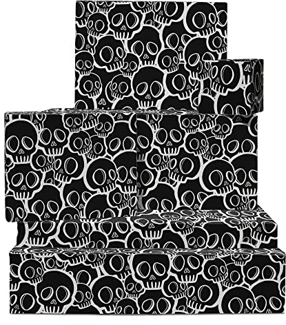 Central 23 - Papel de regalo de calavera, 6 hojas de papel de regalo, punk rock gótico, para hombres y mujeres, cumpleaños, Halloween, Navidad, viene con divertidas pegatinas, color negro