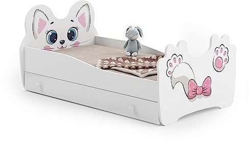 KOBI Barnsäng vit katt | med förvaring av låda | 160 x 80 cm | liten flicksäng barnsängar | med madrass och ram | babyrummet | enkelsäng med barriär