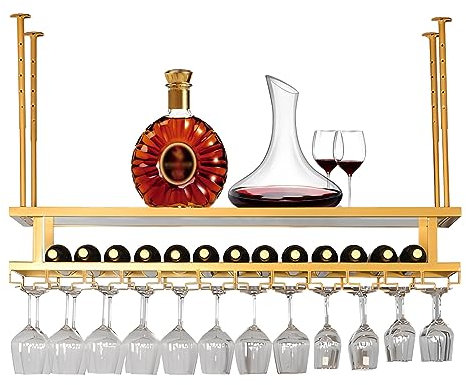 LIGUOYI Weinglashalter Hangend, Stemware-Racks Leicht Zu Montieren Breite Und Höhe Verstellbar Decke Weinglasregal Platzsparend Goldene Farbe Stabil Weingläser Halter 3 Schichten, Für Bar Küche