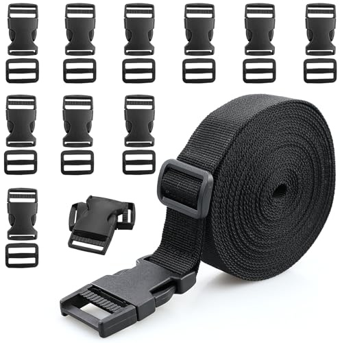 25 mm x 5 m nylonband med 10 par spännen, 2,5 cm slitstarkt band och sidorelease-spännen för gör-det-själv hantverk ryggsäck band bagage fäste rem, svart, 2,5 Cm X 5 M