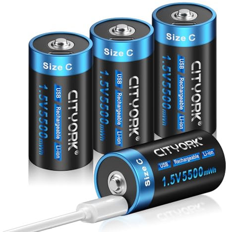 CITYORK USB Rechargeable C Batteries High Capacity 1.5V 5500mWh C Size Li-ion Batteries with Type C Charging Cable - 4 Pack