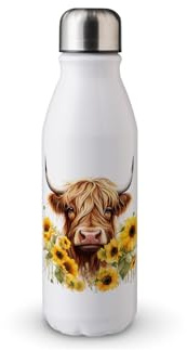 MAXIKIWI - Single Wall Water Drinking Bottle with Screw Cap, Non Insulated Lightweight Aluminium, BPA Free, Leak-Proof - Highland Cow with Sunflowers - 500ml