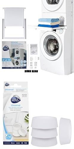 CARE + PROTECT Pack comprenant un kit de superposition universel pour lave-linge et sèche-linge, et 4 patins en caoutchouc anti-vibrations, pour réduire le bruit.