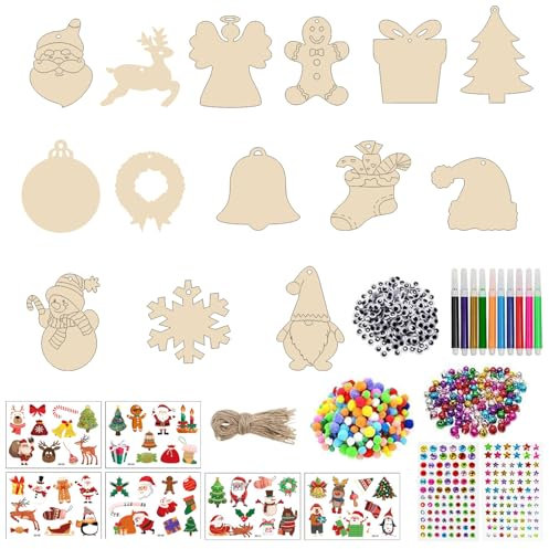 309 Stück Holzanhänger Weihnachten zum Bemalen Set,mit 84 holzanhänger,14 Stile of Weihnachtsbaum Deko Holz,DIY Weihnachten Basteln kinder