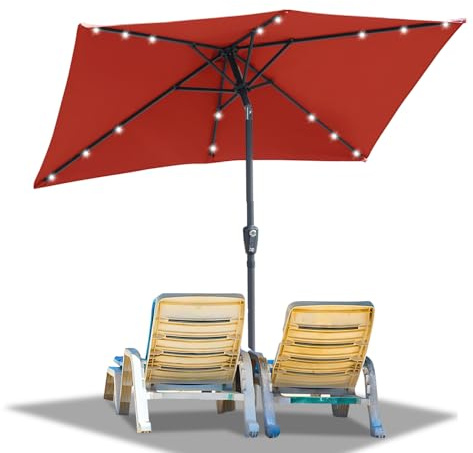 Ollewiellan Sonnenschirm LED Solar 210 x 140cm Rot mit Kurbel | Sonnenschirm Rechteckig Ampelschirm Gartenschirm Terrassenschirm Sonnenschutz UV50+ Knickbar wasserdicht für Garten, ohne Ständer