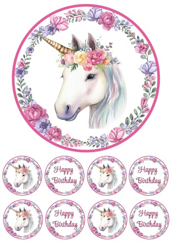 Edible 7 Pretty Unicorn round cake Topper Cake decoration and 8 x cupcake toppers NOT-PRECUT -WAFER paper - Birthday/Retirement