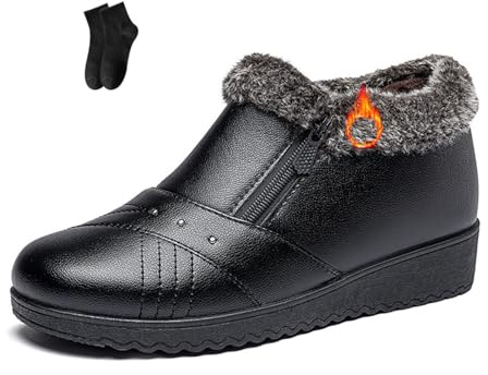 POIOZXD Botas de nieve cálidas de invierno para mujer de mediana edad y ancianos, forro polar, tacón plano con cremallera, botas de nieve antideslizantes de piel de algodón, Black, 34.5 EU