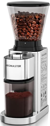 Aromaster - Moulin à café avec 48 réglages de gind, moulin à grains conique pour un usage domestique, acier inoxydable, minuterie réglable en 40 secondes, antistatique, facile à nettoyer avec