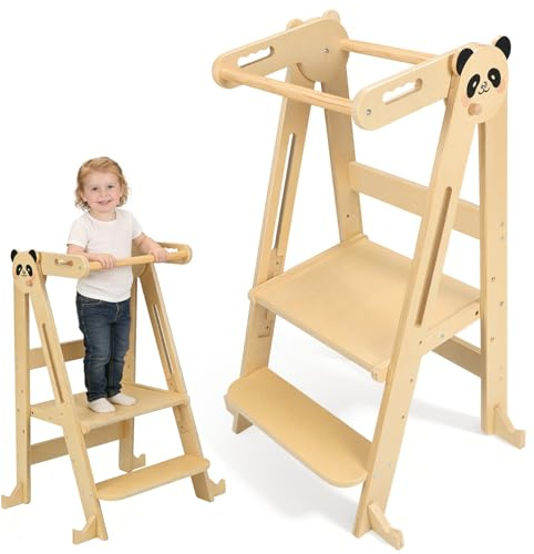 SPYLAVE Lernturm Klappbar ab 1 Jahr, Montessori Lernturm aus Holz für Kinder, Höhenverstellbarer Learning Tower mit Sicherheitshandlauf, 360° Kippschutz, Stabiler Küchenhelfer für 1–6 Jahre (Natur)