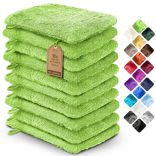 NatureMark Pack de 10 Guantes de Baño de Rizo 100% algodón – Suaves y Resistentes, Ideales para el Cuidado Diario y para Invitados – Manzana Verde, 15x21 cm