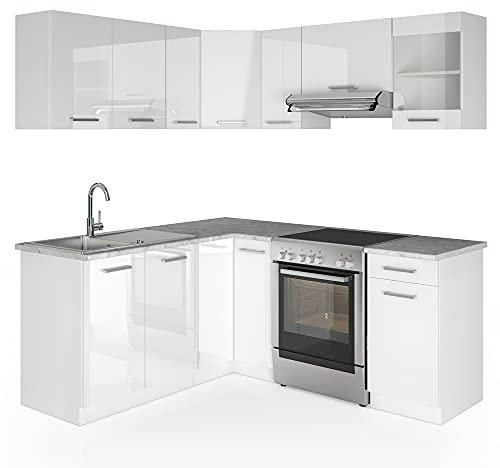Vicco Cocina esquinera Rick, Blanco/Blanco Alto Brillo, 187 x 167 cm, ET Mármol