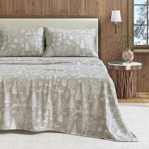Great Bay Home 4 Piece 100% Turkish Cotton Queen Winter Lodge Flannel Sheet Set | Cotton Printed Bedding Sheets & Pillowcases | Double-Brushed Flannel Bed Sheets (Queen, Enchanted Woods)