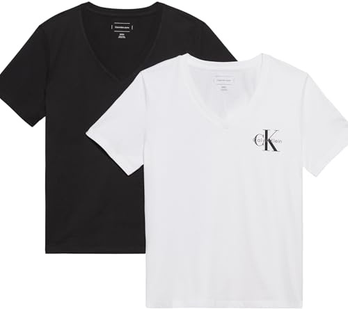 Calvin Klein Camisetas de Manga Corta Pack de 2 Mujer Logo tee con Cuello de Pico