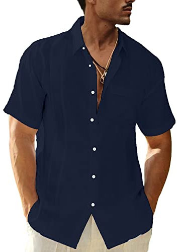 LVCBL Men's Cotton Linen Shirt Button-Down Short Sleeve Regular Fit Casual Shirt Navy L