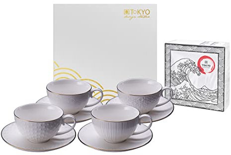 TOKYO design studio Nippon White 4-er Tassen-Set weiß mit Untertassen, mit Gold-Rand, Ø 10 cm, 6 cm hoch, 250 ml, asiatisches Porzellan, Japanisches Design, inkl. Geschenk-Verpackung
