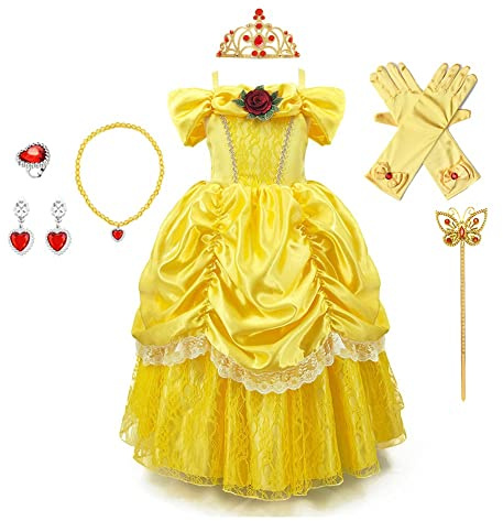 CinheyU Flickor Carnival kostym kostym vacker prinsessa födelsedag bröllop fest jul ceremoni halloween cosplay skönhet och odjur klänningar med tillbehör 10–11 år