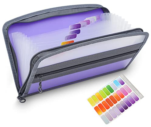 NAFY Piccolo organizer per documenti fisarmonica, formato A5, 13 tasche, porta ricevute con cerniera, 28 x 17 cm, espandibile a fisarmonica, per coupon, ricevute, banconote, contanti (viola)
