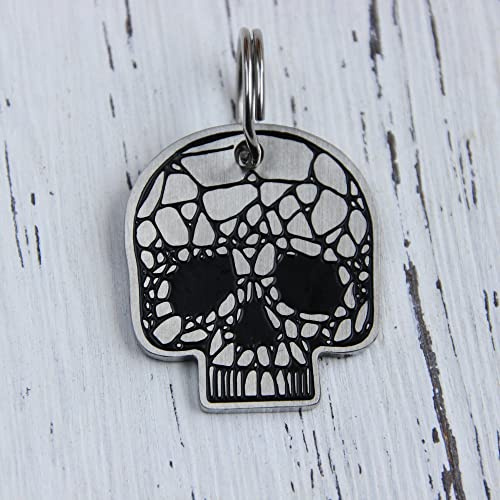 Hundemarken mit Gravur, personalisierte Totenkopfdesign Tiermarke, Geist Schädel Custom Namemarke, doppelseitige Gravur für Hunde und Katzen, lustige & coole Tier Namensschilder für Halsband (Silber)