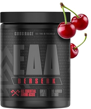GODSRAGE EAA/BCAA (Essential Amino Acids) – Hochdosierter EAA-Komplex mit 9 essentiellen Aminosäuren – 15 g pro Portion & 8,8 g Protein – leicht lösliches für leckeren Amino Drink (Cherry) 500 g
