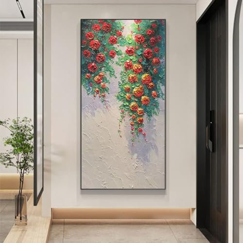 Acrylbilder Auf Leinwand Handgemalt,Handgemalte Abstrakte Wandkunst, Modernes Strukturiertes Kunstwerk, Original-Rosenknospe, Rahmenlose Handgezeichnete Linien, Ölgemälde Für Wohnzimmer, Schlafzim
