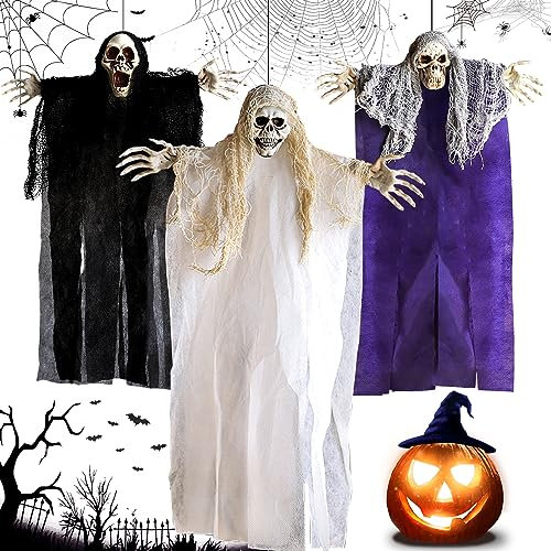 MWZEAUL 3 Pezzi Decorazioni Horror Halloween: Fantasma Spaventoso Appeso, Scheletro Teschio Con Ventose, Braccio Regolabile, Addobbi Accessori Esterno