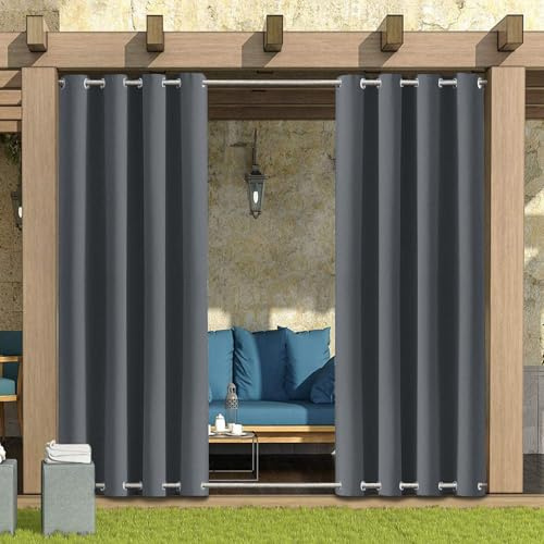 Hiseng Outdoor Vorhang mit Ösen Oben und Unten, Outdoorvorhänge wasserdichte Wetterfest Blickdicht Verdunkelungsvorhang 1 Stück Sichtschutz Sonnenschutz Vorhang für Garten (254x274cm,Dunkelgrau)