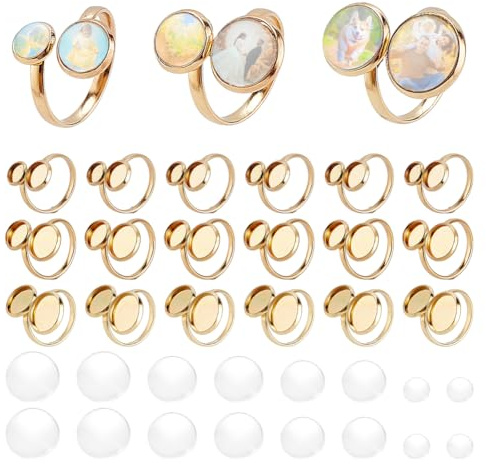 PH PandaHall 18K Gold plattiert Ring Rohlinge 18pcs 3 Größen Ring Bases Offene Manschette Blank Ringe 304 Edelstahl flache runde Ring Lünette Tabletts mit 36pcs Glas Cabochonsfür Schmuckherstellung