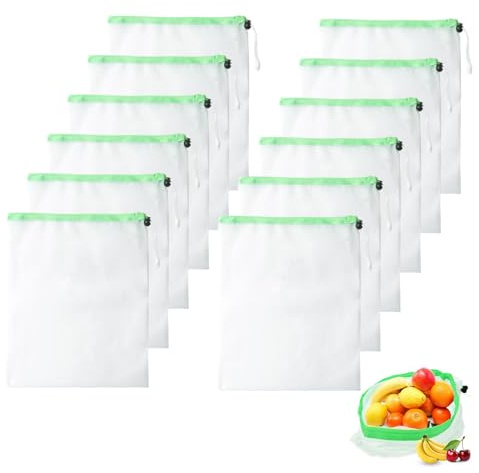 QINGYIWL 12 Stück Obst Gemüse Netztasche, 35x30cm Netzbeutel mit Kordelzug | Wiederverwendbar Waschbar Durchsichtige Netzbeutel für Lebensmittel Gemüse Obst Spielzeug
