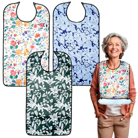 tlidfgeo Lot de 3 bavoirs pour adultes, pour personnes âgées, lavables, imperméables et réutilisables avec récupérateur de miettes pour femmes, adultes, personnes âgées et handicapées