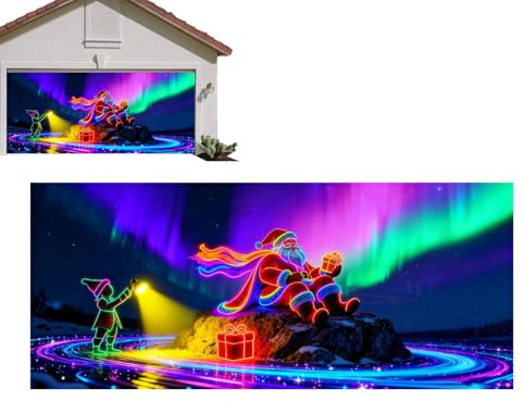 Copertura decorativa per porta del garage per Natale – Tela piatta fluorescente 2D con Babbo Natale cartone animato | Decorazione per striscioni per feste. Cancello da parete per portico interno ed es