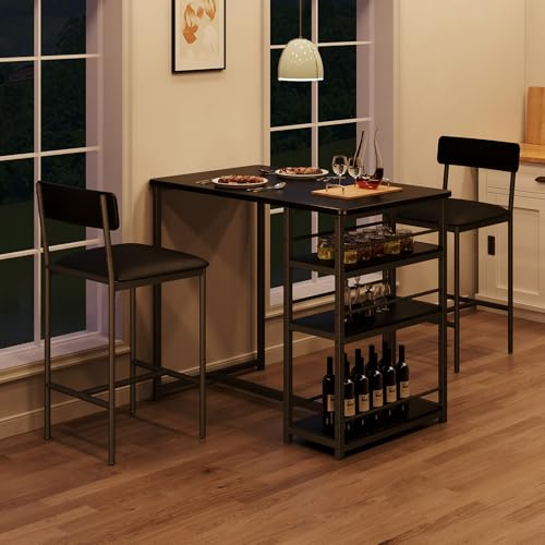 GarveeMore 3-Teiliger Bartisch Für 2 Personen Mit Samt-Polsterstühlen, Küchentisch-Set Mit 3 Großen Ablageböden, Platzsparende Theken-Höhe Für Apartment, Kleine Küche, Wohnung, Schwarz