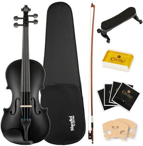 Mendini by Cecilio Violin 4/4 Full Size Kit For Beginners - Hand Carved Acoustic Violins Set - Fiddle Solid Wood Kit with Hard Case, Bow, Rosin, Shoulder Rest, Bridge and Extra Strings (Black)