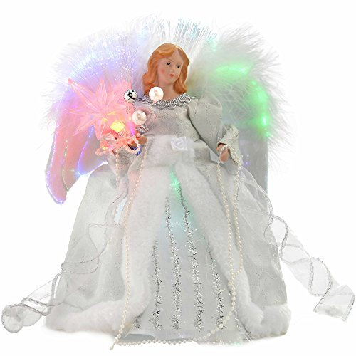 WeRChristmas Fibre Optic Christmas Tree Top Topper Angel with Feather Wings, 25 cm - Silver/White, Assorted Figures