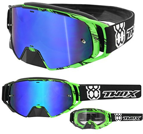 TWO-X Rocket Crossbrille Crush schwarz grün Glas verspiegelt blau MX Brille Nasenschutz Motocross Enduro Spiegelglas Motorradbrille Anti Scratch MX Schutzbrille Nose Guard