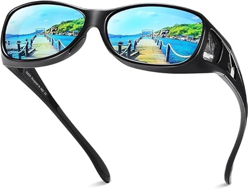DUCO Herren und Damen Sonnenbrillen Polarisiert Unisex Brille UV400 Schutz Wrap Around Blendschutz Überbrille für Brillenträger Fit-over Polbrille 8953 (M-Schwarz, Revo Blau)