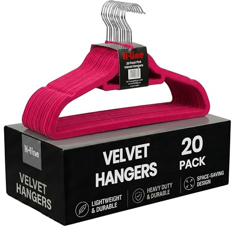 H-line 20 x Non Slip Flocked Velvet Coat Clothes Hangers Trouser Hanging Space Saving (Pink)