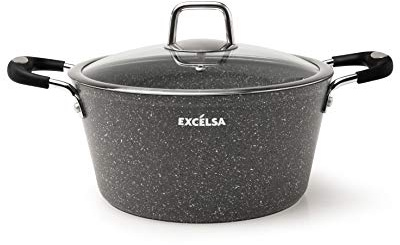 Excelsa Forn-Ok Casseruola Antiaderente con Coperchio, Diametro 24 cm, Alluminio Forgiato, Effetto pietra