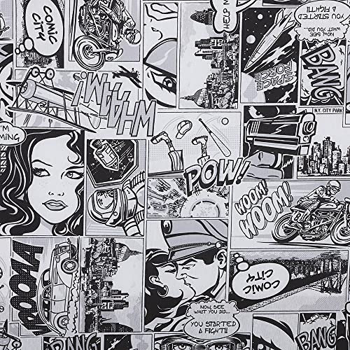 Kt KILOtela - Canvas Dekostoff, Home-Accessoires, Dekorationen, Tischdecken, Vorhänge, Kissen, Vorhänge, Taschen, Basteln, 100 cm Länge x 280 cm Breite, Comic, Schwarz, Weiß - 1 Meter