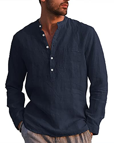 LVCBL Camicia da Uomo A Maniche Lunghe Estiva per Il Tempo Libero in Lino Vestibilit Normale Blu Marino XL