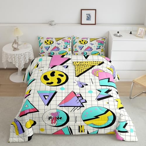Retro 80s Style Comforter Set Twin,Abstract Geometric Pattern Bedding Set Urban Modern Design with Circles and Triangle Duvet Insert Colorful Pop Art Inspired Pattern Quilted Duvet for Boys Child