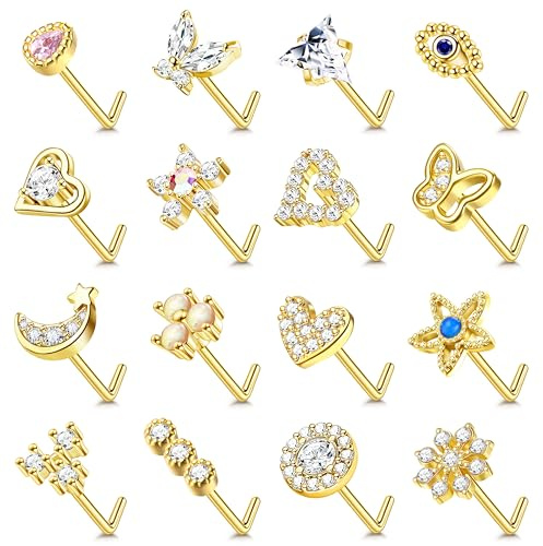 YADOCA Gold Nose Rings Studs for Women - 20G Surgical Steel Nose Ring L Shaped Nose Piercing Jewelry Hypoallergenic CZ Heart Nose Studs Silver Rose Gold 16Pcs