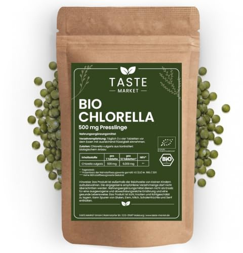 BIO Chlorella Presslinge | 2.000 Tabletten á 500mg Chlorella | 1 kg | 100% reine Algen Tabletten ohne Zusätze | Vegan | Taste Market