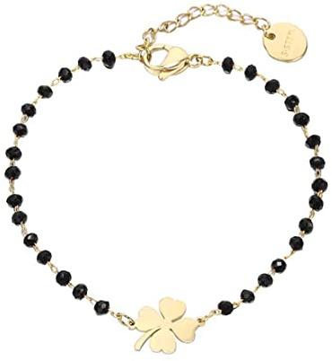 IUDWCG 1 Pcs Bracelet à breloques trèfle porte-bonheur en acier inoxydable avec perles noires et bracelet à breloques porte-bonheur simple (or)
