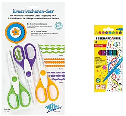 Wedo 771933 Kreativscheren Set, 3er Set, 16 cm & Eberhard Faber 551008 - Glitzer Filzstifte in 8 leuchtenden Farben, Minenstärke 3 mm, auswaschbar im Kartonetui