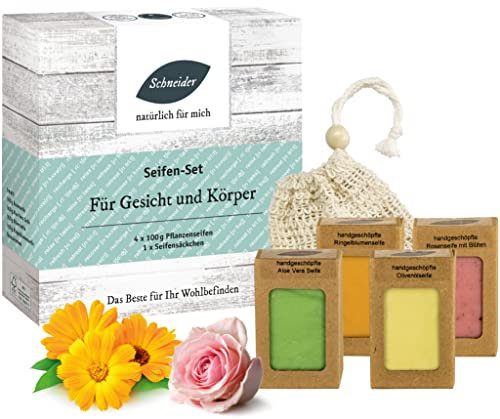 Saunabedarf Schneider - Seifen-Set - 4 x 100 g Pflanzenseifen, 1 x Seifensäckchen - wohltuend für Gesicht und Körper