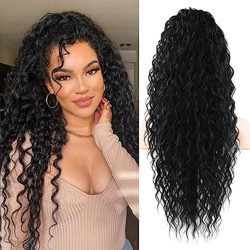 FLUFYMOOZ Ponytail Extension, 26 Inch Bohemian Style Drawstring Ponytail Hair Extensions for Women, Long Curly Wavy Ponytail Natural Synthetic Hairpiece for Women (26 Inch Natural Black)
