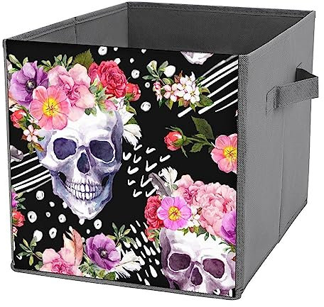 Poubelle de rangement pliable avec poignées, motif têtes de mort amusantes, boîte de rangement/poubelle/cube pour chambre à coucher, salon, chambre d'enfant, jouets, vêtements, 26,7 x 26,7 x 26,9 cm