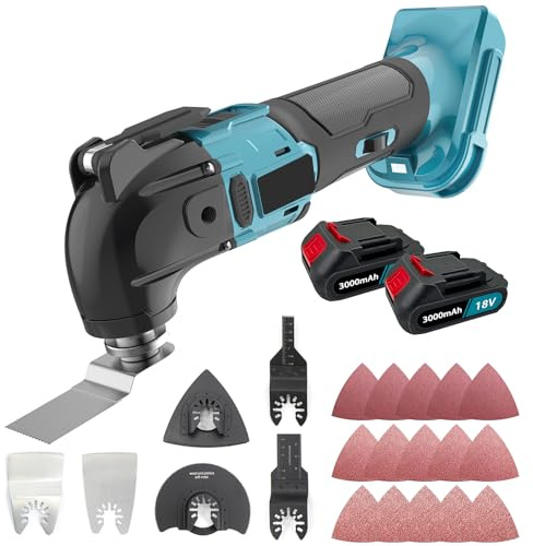 Oscillating Tool, 550W Oscillating Multitool Kit with 4° Oscillation Angle, Quick Change & Kickback Protection, 6 Variable Speeds, Auxiliary Handle, 22Pcs Saw Accessories and 2X 3000mah Included