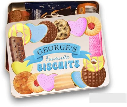 Large Personalised Biscuit Tin gift for mum dad nana grandad friend family, workplace with favourite biscuits design custard cream, bakewell, iced ring, gingernut