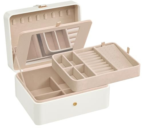 SONGMICS Schmuckkästchen mit Spiegel, Schmuckkasten mit 2 Ebenen, Schmuckbox, flexibles Schmucktablett, 17,6 x 22 x 11 cm, Ohrstecker-Organizer, Geschenkidee, weihnachten, wolkenweiß JBC200W01